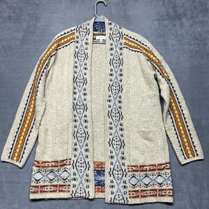 Lucky Brand Cardigan Sweater Womens Medium Beige Multi Aztec Print Open Front
